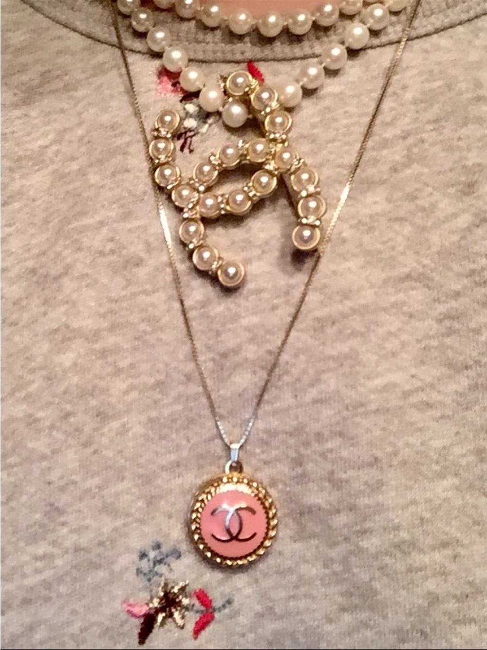 Repurposed CHANEL Pink Enamel Pendant Necklace with Gold Trim and Pearl CC Accen